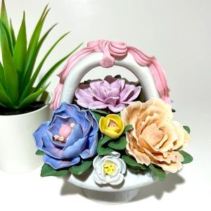 Vintage Flower Bouquet Basket Hand Painted Miniature Porcelain Figurine